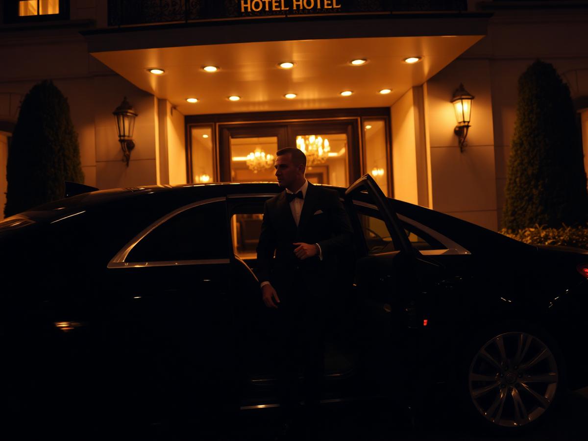Chauffeur opening a rear door outside a hotel entrance at night